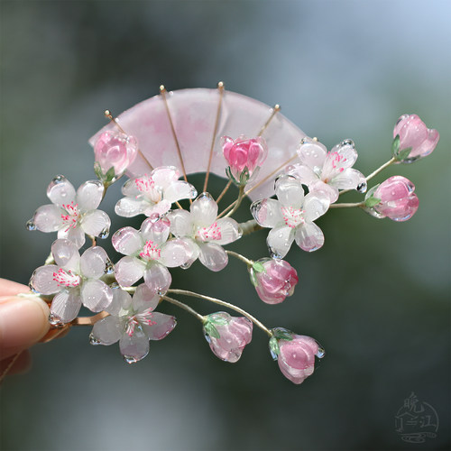 桃花扇 热缩花簪粉国风汉服步摇盘发发簪扇簪花朵簪子旗袍发饰女