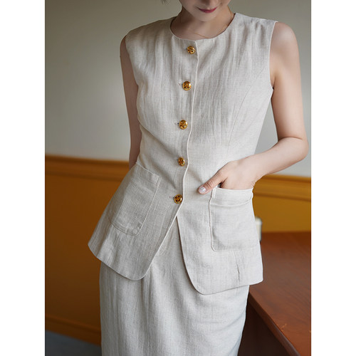 亚麻马甲无袖直筒裙套装