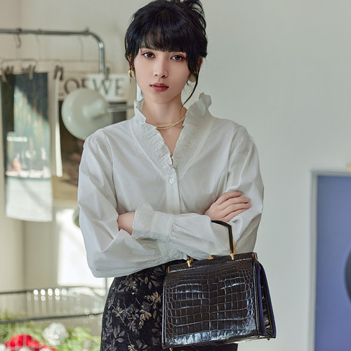 棉布长袖衬衫荷叶边法式复古