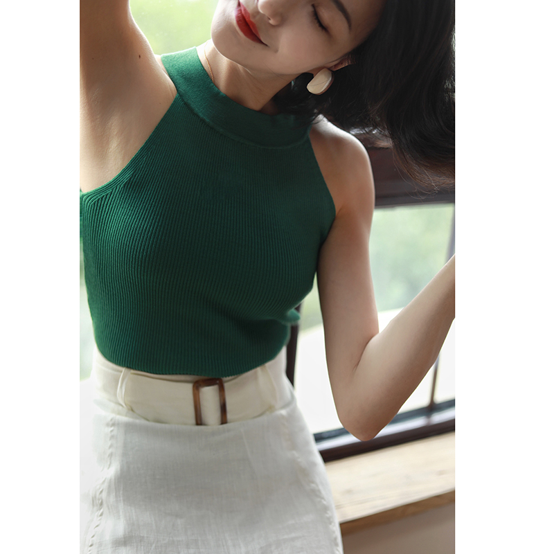 螺纹背心打底衫复古斜肩小上衣