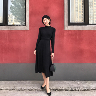 a字裙半高领超长款 复古套头羊毛修身 大裙摆毛衣连衣裙 s法式 Ching