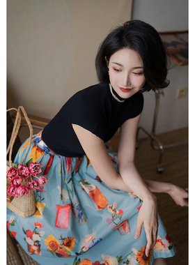 Chings 复古Vintage定染花色棉布半裙 赫本风伞裙大摆裙秋花朵