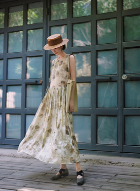 【断码清仓】Chings复古新中式连衣裙天丝印花无袖大摆百褶裙长裙