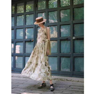 复古吊带裙天丝印花连衣裙