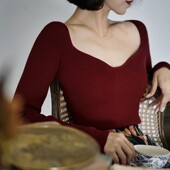 紧身显瘦针织衫 Chings法式 复古露锁骨方领打底衫 超弹温柔内搭上衣