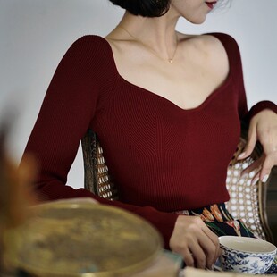 超弹温柔内搭上衣 紧身显瘦针织衫 Chings法式 复古露锁骨方领打底衫