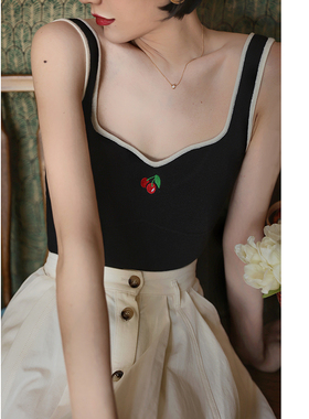 Ching's 法式复古U型领口无袖樱桃上衣女 露背显瘦针织吊带背心夏
