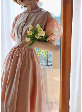 Ching's法式棉麻灯笼袖收腰显瘦1950年代大摆裙赫本伞裙A字连衣裙