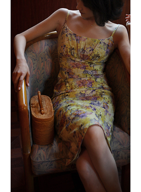 【断码清仓】Ching's 订染印花吊带裙 棉麻复古包臀裙开衩连衣裙