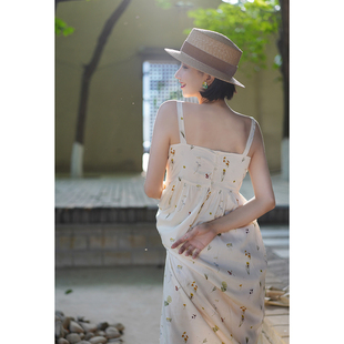 Ching 清仓 绑带高腰直筒显瘦小个子薄天丝麻吊带连衣裙 断码