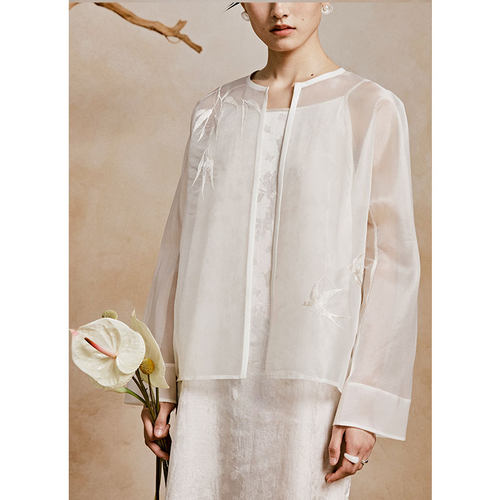 柳叶竹刺绣桑蚕丝优雅外套