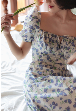 【断码清仓】Chings 方领收腰郁金香碎花棉布收腰大摆A字裙连衣裙