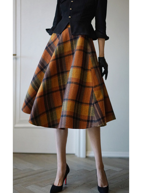 Chings 赫本风复古格子毛呢高腰大摆裙 过膝A字伞裙半身裙中长款