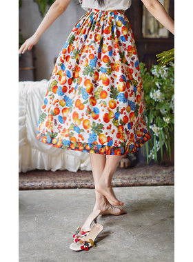 Chings 法式复古定制棉布印花半身裙 高腰赫本风A字大摆裙伞裙秋