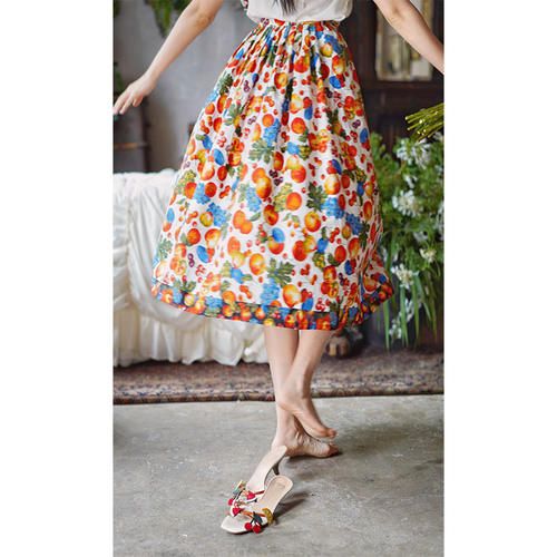 Chings 法式复古定制棉布印花半身裙 高腰赫本风A字大摆裙伞裙秋