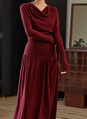 Chings高感感超细羊毛混纺盆领针织衫 高腰气质长裙堆堆领套装裙