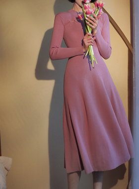 Ching's复古旗袍A字大摆连衣裙气质优雅修身藏肉显瘦针织长袖裙子