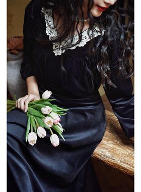 Chings 复古爱德华风格唐顿庄园丝绒裙 高腰显瘦九分袖长裙连衣裙