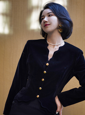 Ching's丝绒收腰玫瑰扣短外套 法式复古优雅荷叶波浪边夹克上衣秋