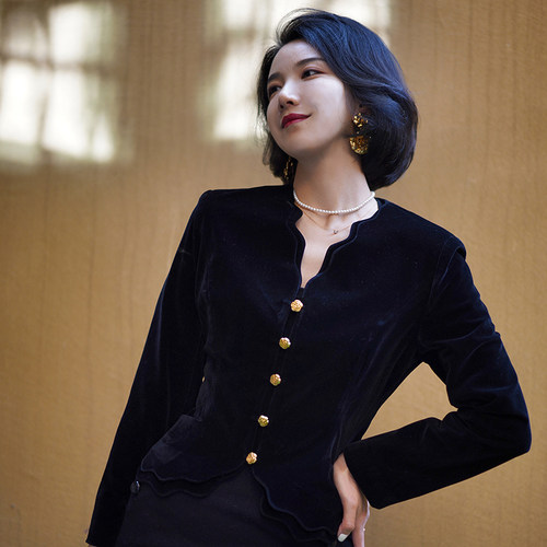 法式复古荷叶波浪边丝绒短夹克