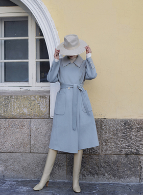 Ching's 动季保暖100澳洲绵羊毛外套 通勤百搭婴儿蓝双面呢大衣厚