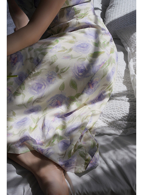 【断码清仓】Ching's 天丝玫瑰印花连衣裙 绑带单排扣梨形身材