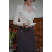 水滴镂空设计感打底衫 Chings 复古大方领显瘦两穿针织上衣女 秋