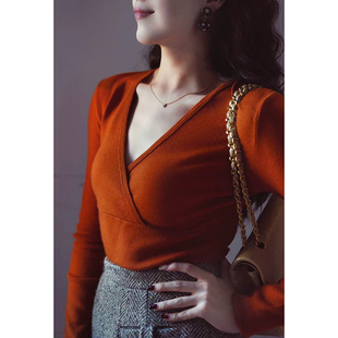 混纺大V领包身显瘦多色内搭打底衫 Chings法式 复古保暖羊毛针织衫