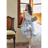 Chings 显瘦百褶彩色格纹棉布赫本风大摆裙 复古高腰梨形身材半裙