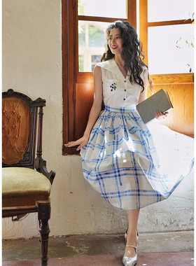 Chings 复古高腰梨形身材半裙 显瘦百褶彩色格纹棉布赫本风大摆裙