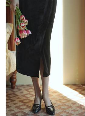 Ching's法式复古高腰丝绒开衩半身裙 优雅郁金香花苞天鹅绒包臀裙