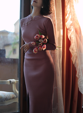 Ching's民国风直筒侧开衩旗袍连衣裙 撞色螺纹显瘦针织毛衣裙子秋