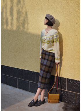 Chings 克莱因蓝格纹高腰半裙 显瘦保暖蓝色复古开衩直筒裙中长款