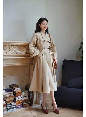 Chings复古代赫本风收腰大摆显瘦风衣裙 大摆A字裙秋保暖复古外套