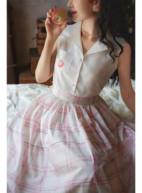 Chings 法式复古大翻领短袖衬衫 撞色刺绣水果减龄棉布女士上衣夏