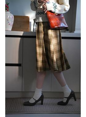 chings法式复古学院风羊毛格纹压褶高显瘦半裙 小A字过膝毛呢秋冬