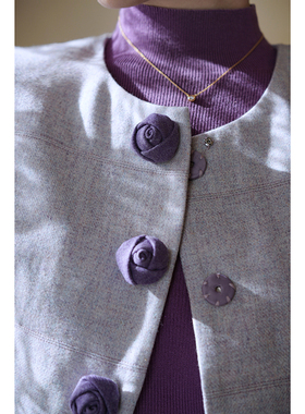 Chings混色毛呢羊毛优雅显瘦1950年代伞裙撞色手工玫瑰花收腰套装