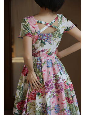 【断码清仓】Ching's 方领印花棉布高腰法式连衣裙赫本风大摆裙子