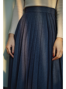 Chings 复古毛呢半身裙秋女 气质高腰百褶裙大摆裙A字裙中长款春