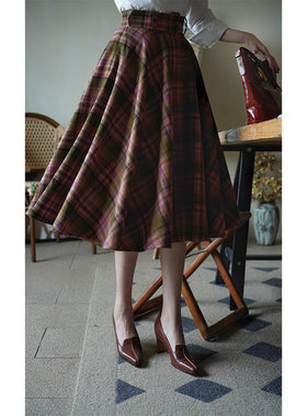 [鹦鹉梨严选]Chings格纹高腰半裙 宽腰封太阳裙A字大摆裙伞裙4276