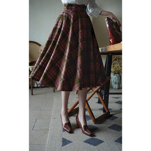 宽腰封太阳裙A字大摆裙伞裙4276 Chings格纹高腰半裙 鹦鹉梨严选