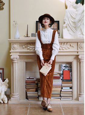 Chings 法式复古暗纹丝绒可拆卸肩带背带裙 超高腰显瘦半裙长裙冬