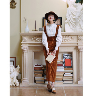 超高腰显瘦半裙长裙冬 复古暗纹丝绒可拆卸肩带背带裙 Chings 法式