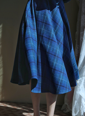 Ching's克莱因蓝毛呢格纹大摆裙 高腰显瘦赫本风优雅伞裙半身裙冬