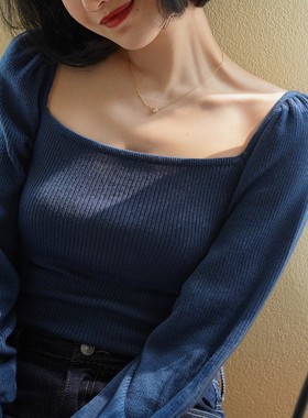 Chings 法式复古灯笼袖方领针织衫 小众设计感长袖上衣毛衣打底衫