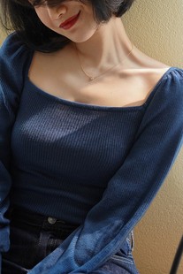 法式 上衣毛衣打底衫 复古灯笼袖 小众设计感长袖 方领针织衫 Chings