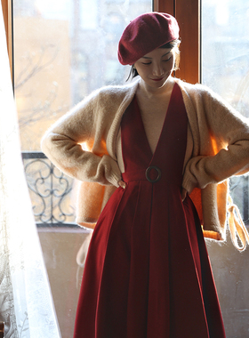 Chings 复古显瘦高腰薄呢背带裙 收腰A字裙赫本风伞裙半身裙新年