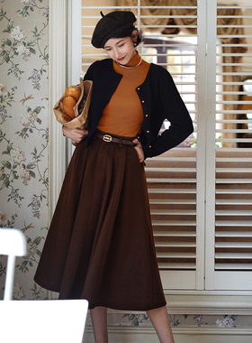 Chings 复古百搭高瘦梨形身材大摆裙 显瘦毛呢伞裙赫本风半身裙厚