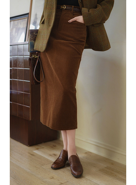 Ching's复古高腰条绒半裙 气质百搭显瘦显高包臀裙一步裙中长款秋