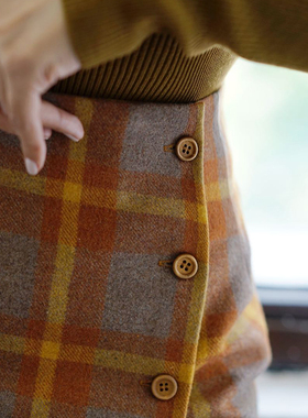 Ching's  复古假一片式开叉高腰包臀裙 格子显瘦一步裙毛呢直筒裙